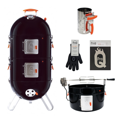 Pack ahumador a carbón proq frontier - 18'' + guante + encendedor de carbon proq + cobertor + spiedo